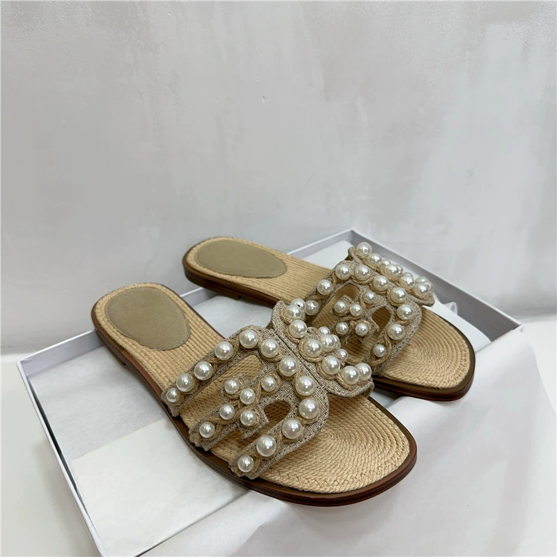 Женские модные плоские сандалии-тапочки из перламутровой конопляной веревки, новая модель 2025 года, оптом, без этикеток,  плетеные.