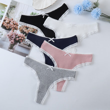 欧美性感蝴蝶结螺纹女士丁字裤低腰大码内裤女透气运动健身T裤女