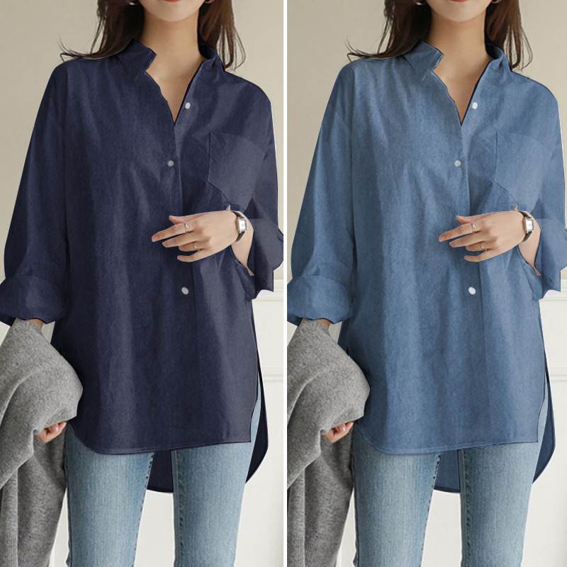 Cross-border Fashion Autumn Blue Shirt Women's Asymmetric Top Casual Long-sleeved Blusas Women's Button Bottom