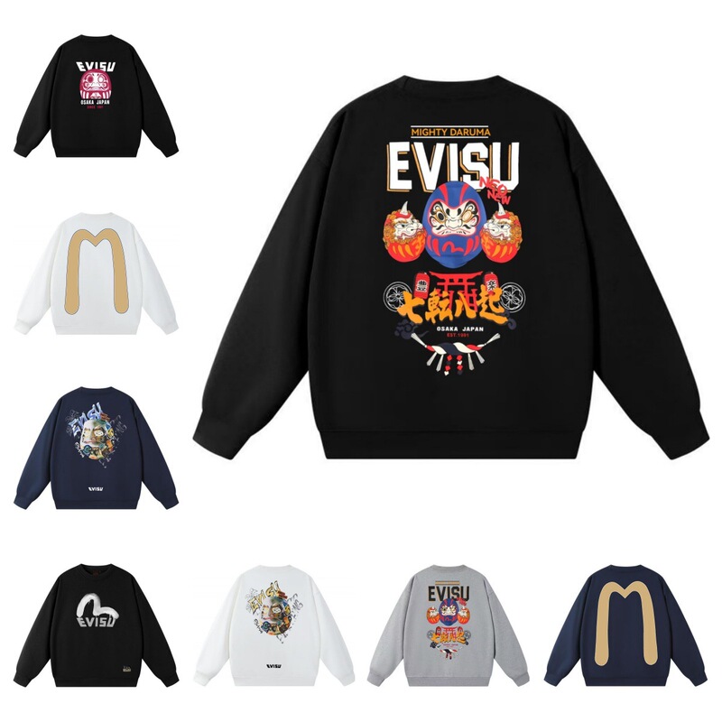 High Version Evisu Fushen Sweatshirt with Colorful Letter Printing Autumn and Winter Pullover Trendy Brand Pure Cotton Versatile Men and Women