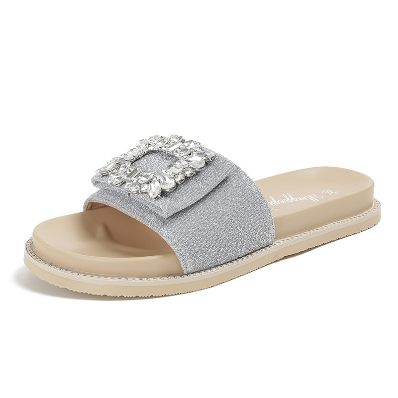 2025 verano nuevo lazo con diamantes de imitación hebilla cuadrada plana casual zapatillas de mujer sandalias de una tira para mujer ropa de exterior talla grande 41_voghion.com