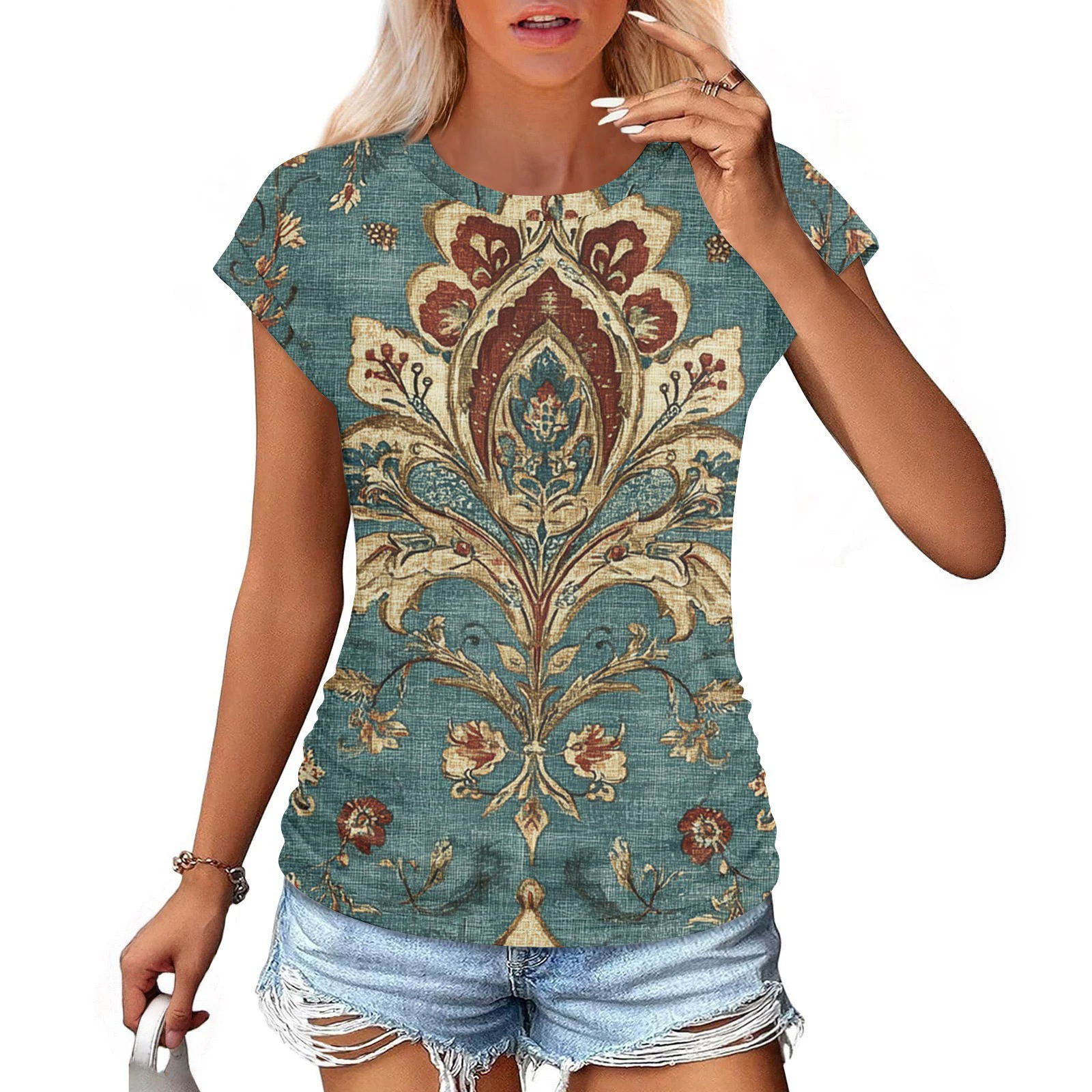 Женская повседневная легкая универсальная модная свободная футболка с круглым вырезом и свежим принтом, уменьшающая возраст.