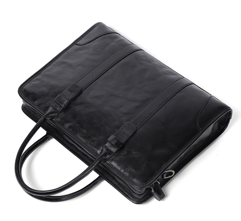 Túi xách tay nam da bò lớp đầu 38×8×28 cm, túi công sở đựng laptop 14 inch, đeo chéo tiện lợi — Màu Đen thuộc da bình thường bên trong màu đen, Màu đen cây cao, Lớp lót nỉ flannel cao cấp cầm tay màu đen chi tiết 33