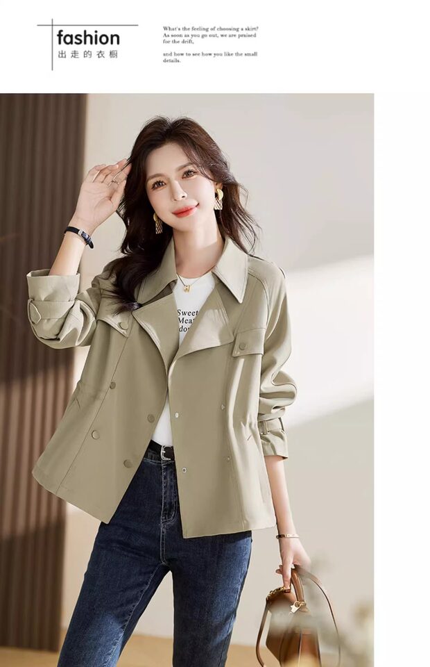 Áo khoác gió kaki nữ dáng ngắn có dây rút, dài tay, cổ lật — Khaki (có sẵn), Đen (Còn hàng) chi tiết 21