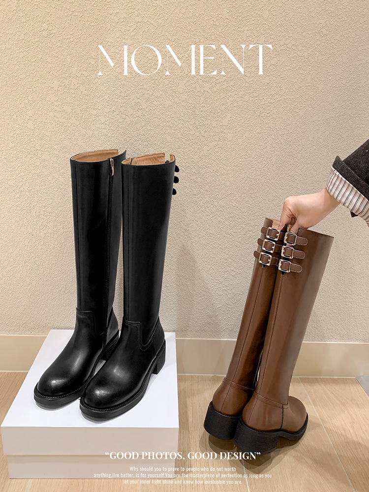Women's Knee High Boots With Thick Heel And Buckle Side Zipper_voghion.com