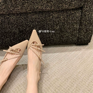 现货秒发！葡萄妈同款鞋韩版绝美一字扣带小方头后空细跟高跟鞋女