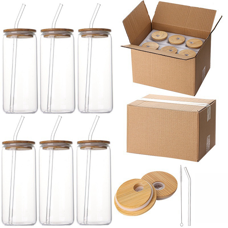 Vaso de Cola de 16 oz con Tapa y Pajita, Impresión UV Transfronteriza, Vaso de Vidrio Resistente al Calor para Té con Leche, Café, Tapa de Bambú, Vaso de Agua Tipo Mason Jar