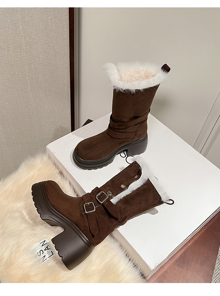 Boot nữ denim đế dày cổ trung lót lông giữ ấm, hai kiểu phối — màu nâu chi tiết 18