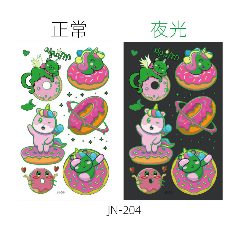 Respetuoso del medio ambiente impermeable de larga duración luminoso lindo donut niños tatuaje pegatinas luminoso postre fantasía tatuaje pegatinas
