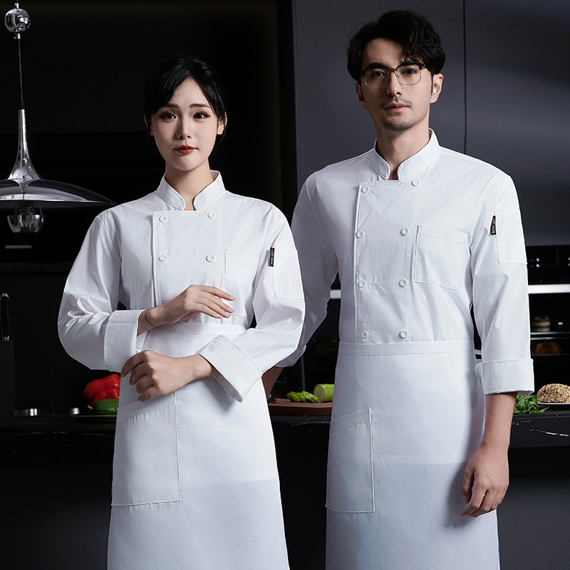 Polyester-Cotton Chef Work Clothes with Custom Printed Logo, Long-Sleeved Autumn and Winter Clothing for Restaurant Kitchens, Dining Halls, and Canteens