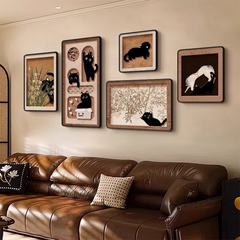 Sofa background wall hanging painting, cat art, antique style, high-end combination, living room decorative painting, French retro mural, framed
