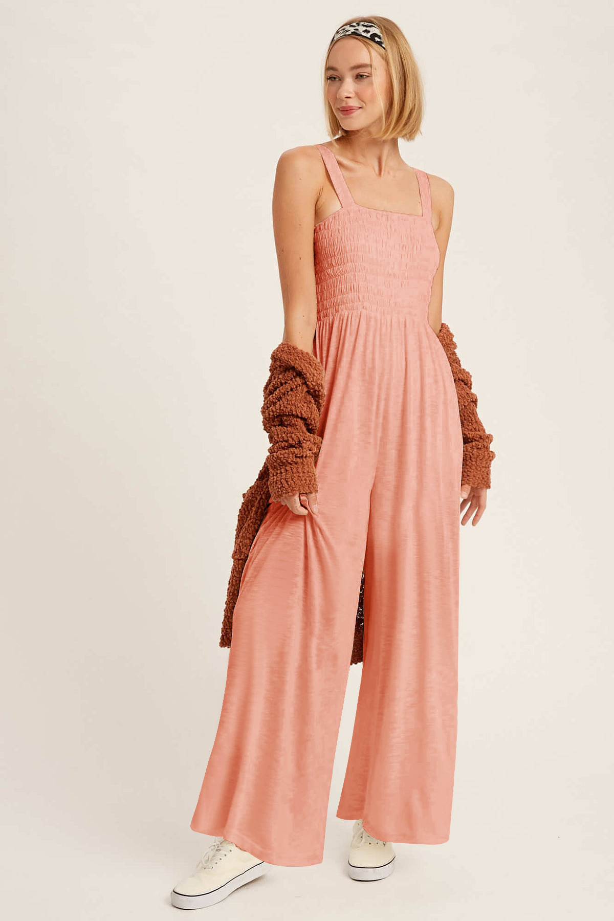 solid color sleeveless suspender loose wide-leg jumpsuit NSMID128560