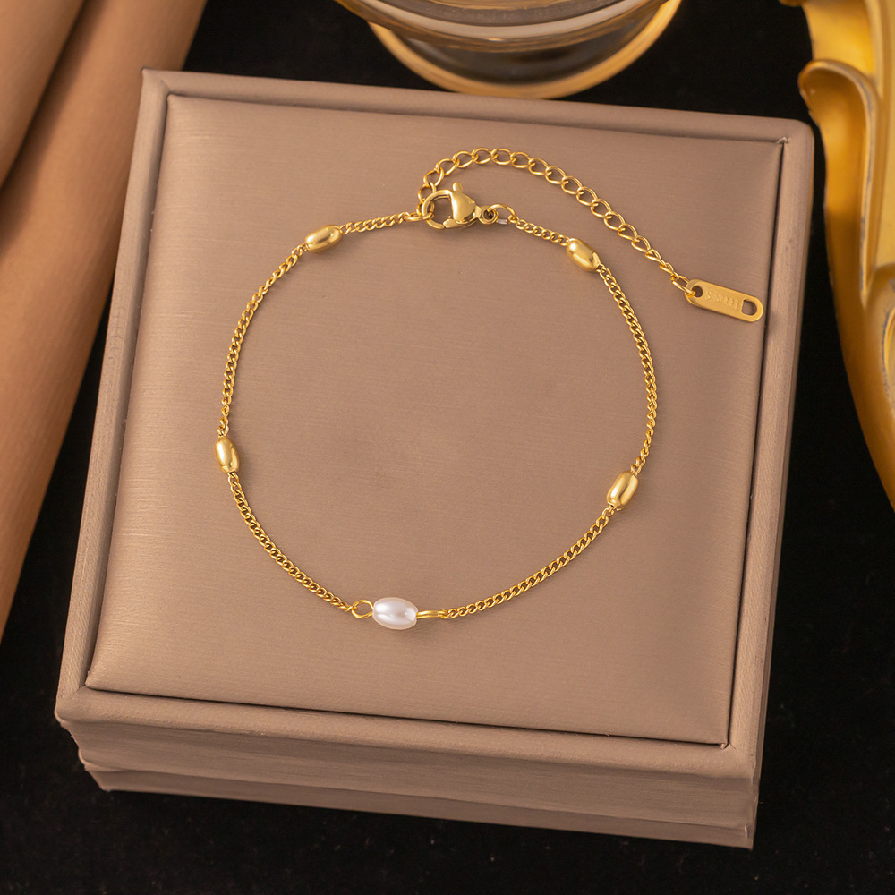 4【e131】rice bead chain bracelet gold