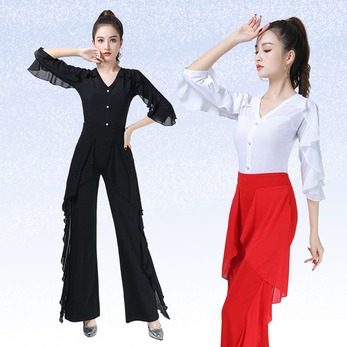 Square dance modern dance top new women's black lotus leaf three-quarter sleeve top elegant dance Latin dance costume jitterbug suit