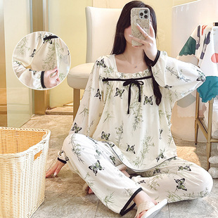 Source Factory 2024 Spring and Autumn New Pregnant Women Pajamas Square Collar Lace Fashion Breastfeeding Moon Dress Long Sleeve Residence