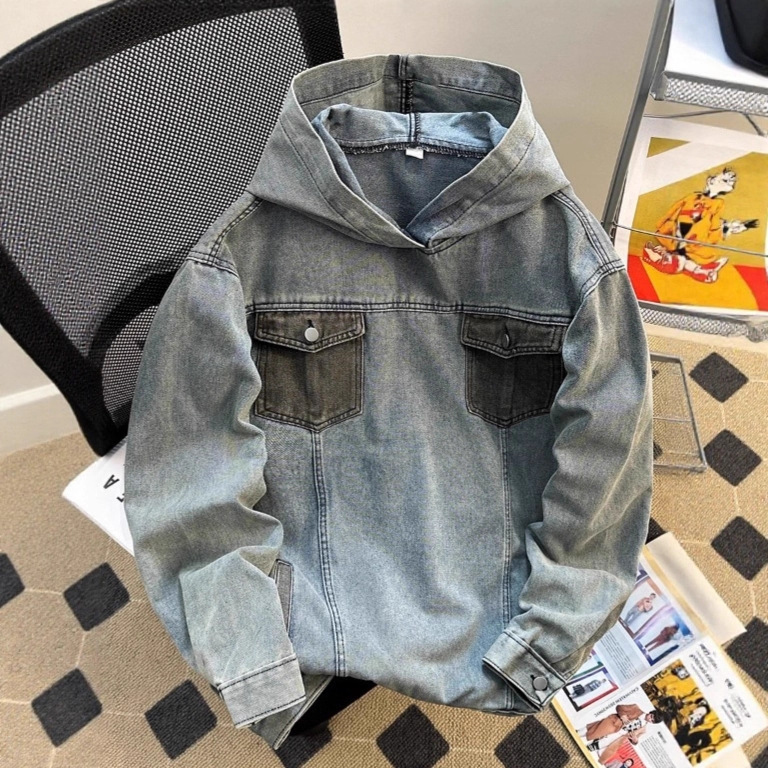 American High Street Denim Sweatshirt Men's Spring and Autum Heavy Distressed Pullover Jacket Trendy Brand Ins Loose Hooded Jacket