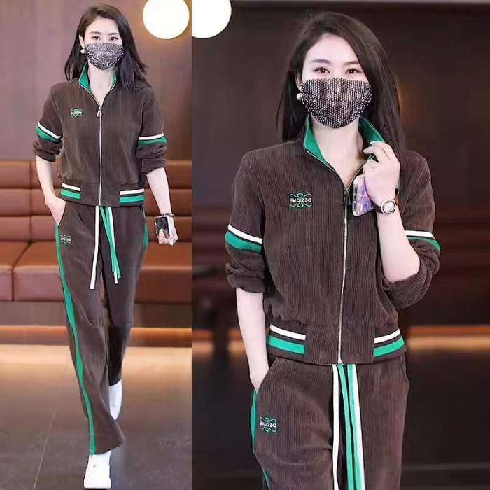 Completo sportivo casual da donna con stampa geometrica 3D, felpa con cappuccio a maniche lunghe e pantaloni da jogging, completo da corsa e lounge._voghion.com