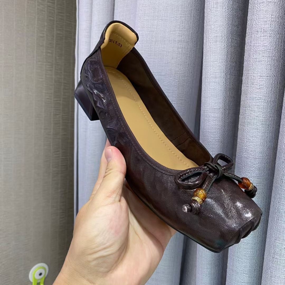 Giày ballet nữ mũi tròn đế bệt nơ da thật mềm mại — đen, rượu vang đỏ, nâu