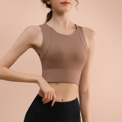 Women's one-piece fixed-cup yoga top, summer outerwear high collar T-shirt style professional quick-dry exercise fitness bra