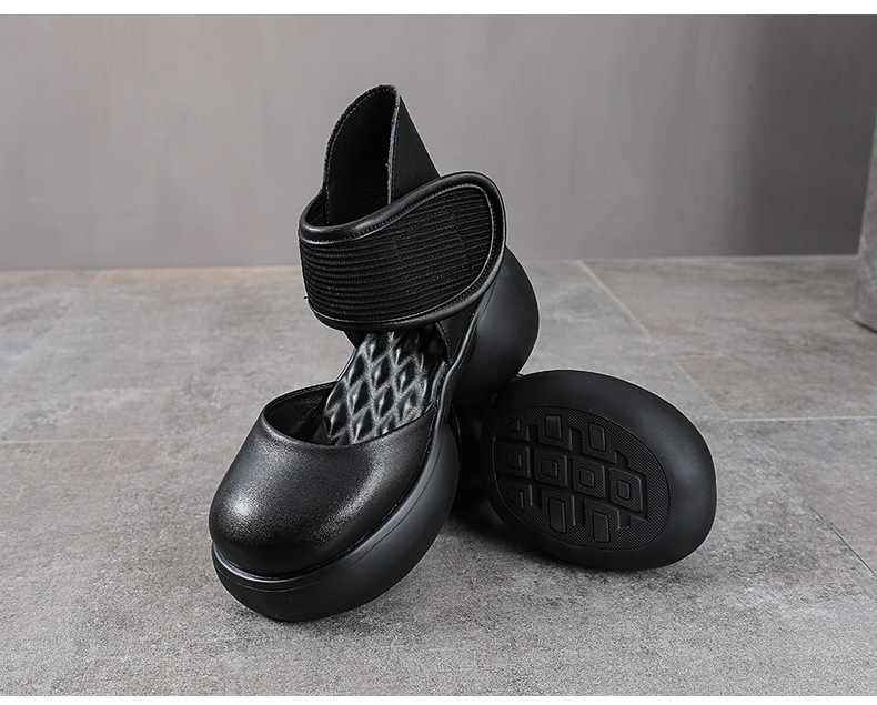Sandal quai ngang nữ da bò thật đế dày tăng chiều cao gót 9 cm — màu đen chi tiết 12