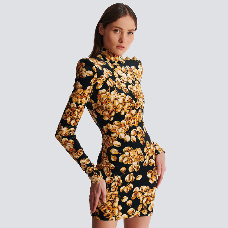 In Stock | Popular Gold Velvet Printed European and American Style Long-Sleeve Slim-Fit Dress, New Spring and Autumn Elegant Women's Short Dress.