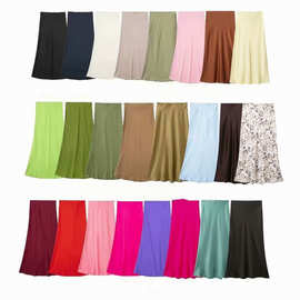 跨境女装厂家批发2026春季欧美风中腰纯色丝缎质感半身裙