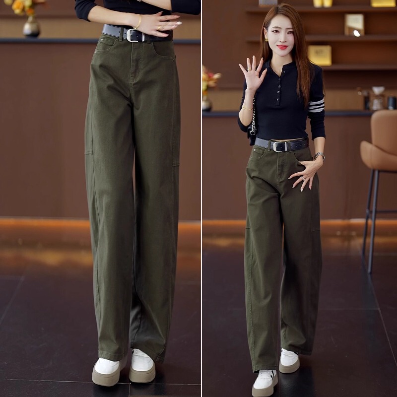 Army Green Scimitar Jeans for Women Autumn and Winter 2025 New High-Waisted Loose Fashion Slim Narrow Wide-Leg Pants
