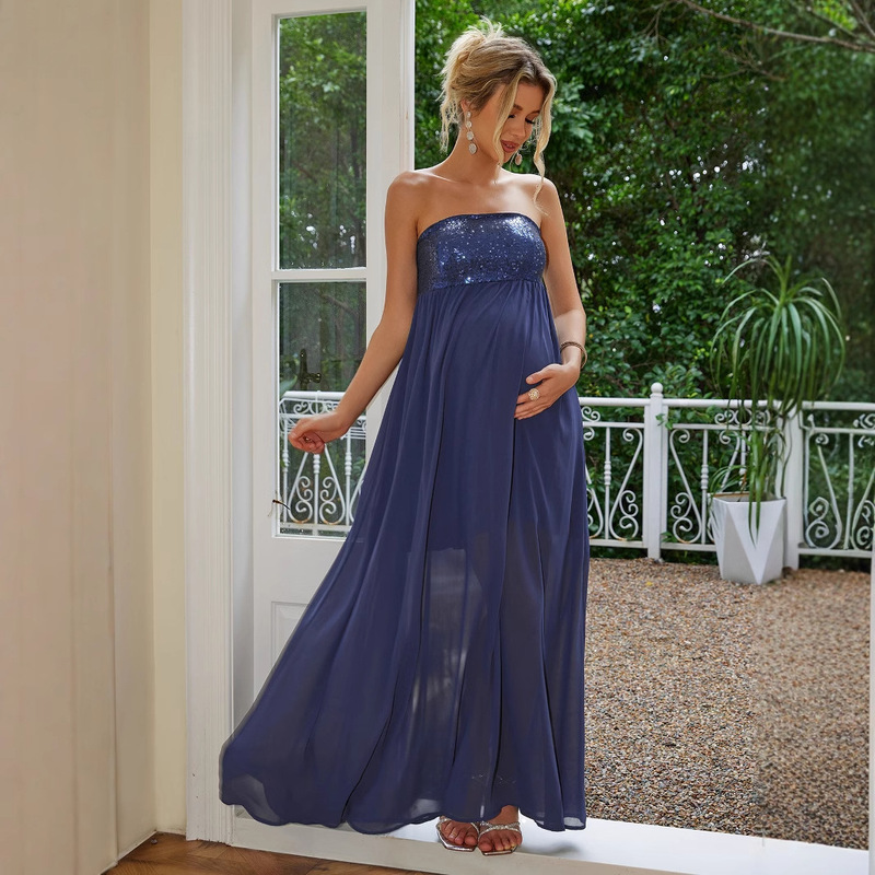 European and American Cross-border Sequin Patch Solid Color Elegant Strapless Maternity Formal Evening Dress