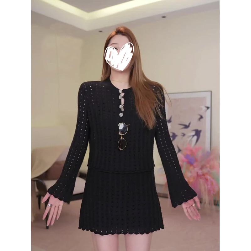 法式气质小香风套装黑色长袖镂空针织上衣女2025宽松半身短裙穿搭|undefined