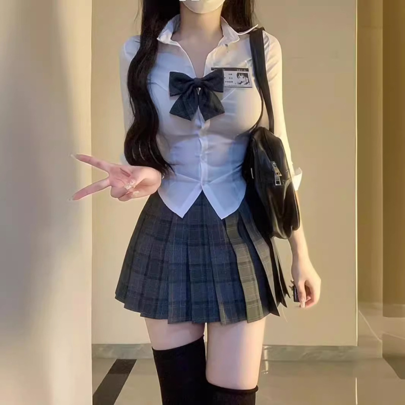 jk制服纯欲辣妹收腰衬衫女春秋学院风白色衬衣修身显瘦打底上衣|undefined