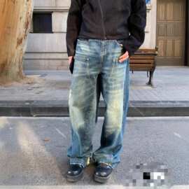 正确版现货原标V家25S绿松石工装做旧牛仔裤男女同款休闲宽松长裤