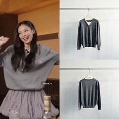 韩国小众 Jennie同款 休闲气质风拼接V领假两件针织上衣毛衣