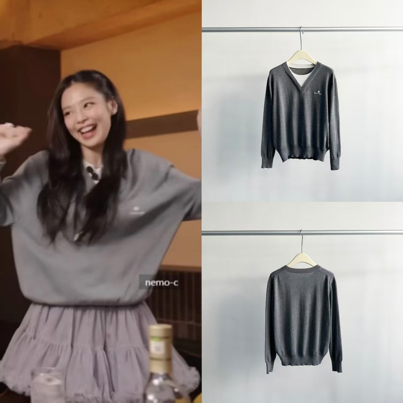 韩国小众 Jennie同款 休闲气质风拼接V领假两件针织上衣毛衣|undefined