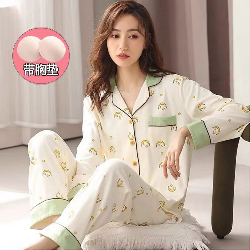 Pijamas de algodón 100% para mujer con almohadilla en el pecho, ropa para el hogar de primavera y otoño, 2023 nuevos pantalones de manga larga, conjunto de dos piezas para mamá