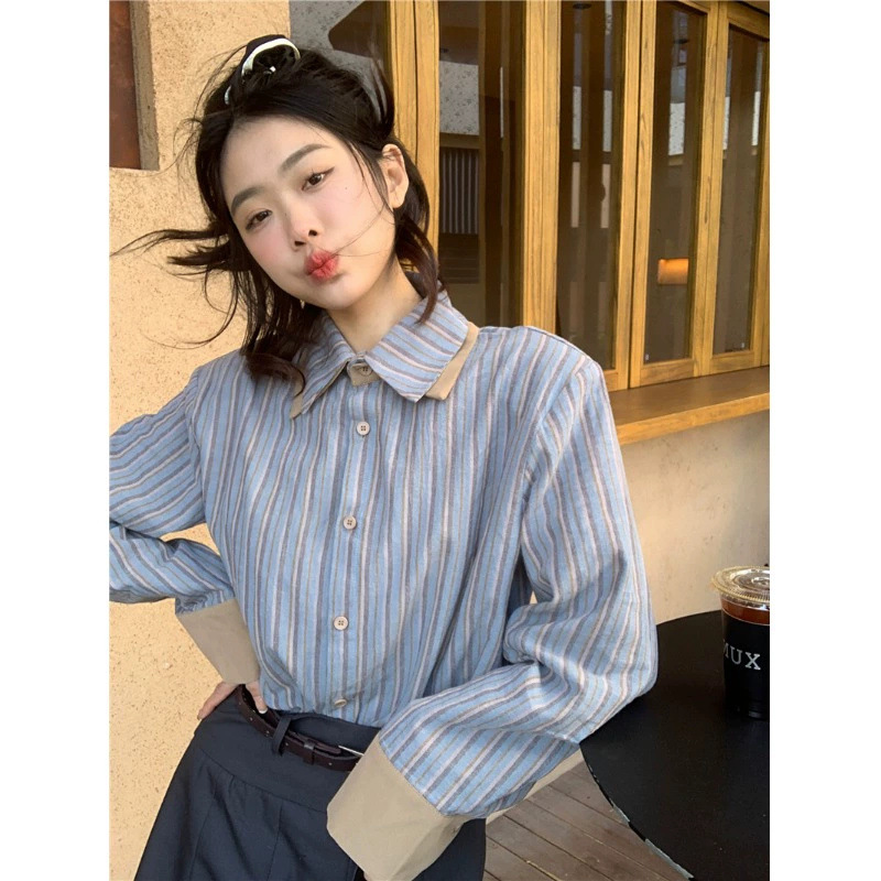 블루 스트라이프 긴팔 셔츠 여성 학생 가을과 겨울 디자인 센스 작은 프랑스 세련된 하이 엔드 센스 탑 옷