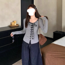 秋季韩版格子拼接假两件蝴蝶结系带减龄长袖套头T恤休闲百搭上衣