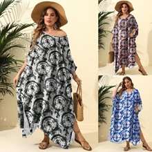 连衣裙跨境欧美大码女装漩涡烟花印花宽松罩衫沙滩度假拖地长裙女