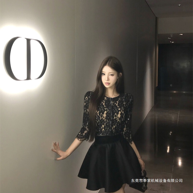 黑色镂空中袖蕾丝衫上衣女早秋穿搭套装御姐轻熟气质半身裙两件套|undefined