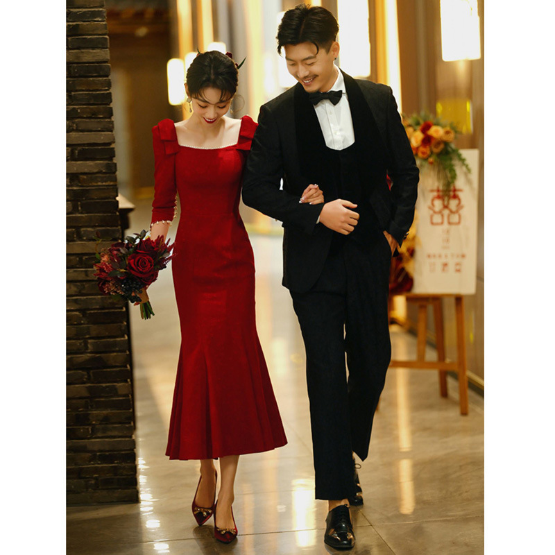 2026 New Style High-End Bridal Homecoming Dress, Classy Burgundy Engagement Dress, Fishtail Long Dress