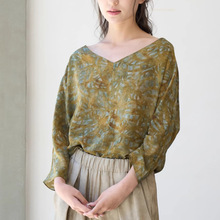 西班牙小众浪漫复古油画印花前后两穿V领真丝小上衣七分袖套头T恤