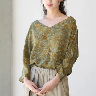 西班牙小众浪漫复古油画印花前后两穿V领真丝小上衣七分袖套头T恤