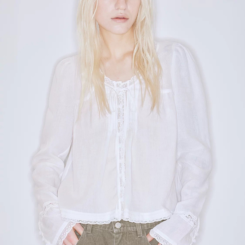 【Xiaobaoxinxin Dong Linjun, Lu Ying Ivy, Sasha Bai Same Style】Rure Lace Patchwork Round Neck Shirt