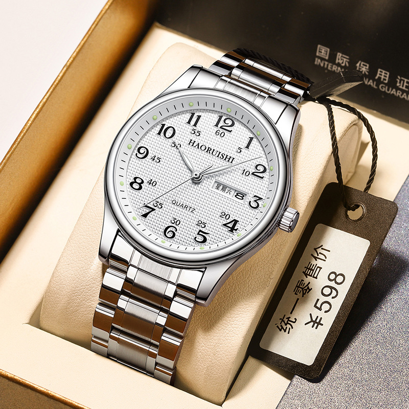 New Fashionable Luminous Large Digital Dial Watch for Middle-Aged and Elderly People, Waterproof Couple Watch, Steel Band Quartz Watch, Popular Model