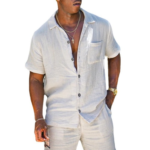 Oversized Cotton-Linen Short Sleeve Sweatshirt with Solid Color, Short Sleeve Linen Collared Shirt for Men