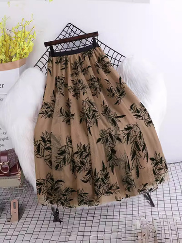 Leaves Embroidered Flower Half-length Skirt for Women - New Arrival Korean Style Fashion Pleated Net A-line Maxi Dress for Autumn and Winter