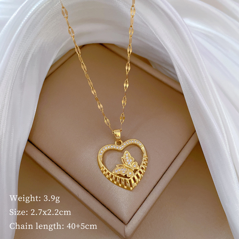 Wholesale IG Style Shiny Heart Shape Butterfly Titanium Steel Copper Hollow Out Inlay Zircon Pendant Necklace display picture 1