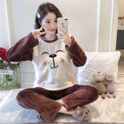 Winter Fall Thick Sleepwear Set for Women with Long Sleeves, Cartoon Student Coral Fleece, Cute Korean Style Homecoming Suit