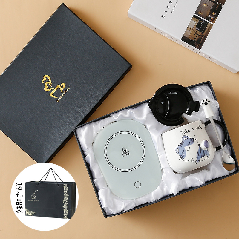 Taza de gato Mark con tapa Cuchara Taza de agua de cerámica Taza de pareja de dibujos animados de cerámica para hombres y mujeres Taza de desayuno de café de oficina