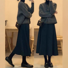 2025年高腰毛呢半身裙秋冬百搭显瘦大摆伞裙中长款a字女裙子+外套