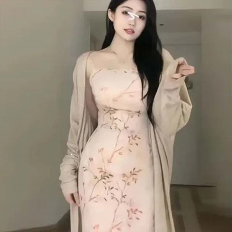 Gentle and Soft【Misty Rain in Jiangnan】New Chinese Style Dress for Summer, Slimming for Slightly Plump Figures, Floral Long Strap Dress Gentle and Soft【Misty Rain in Jiangnan】New Chinese Style Dress for Summer, Slimming for Slightly Plump Figures, Floral Long Strap Dress